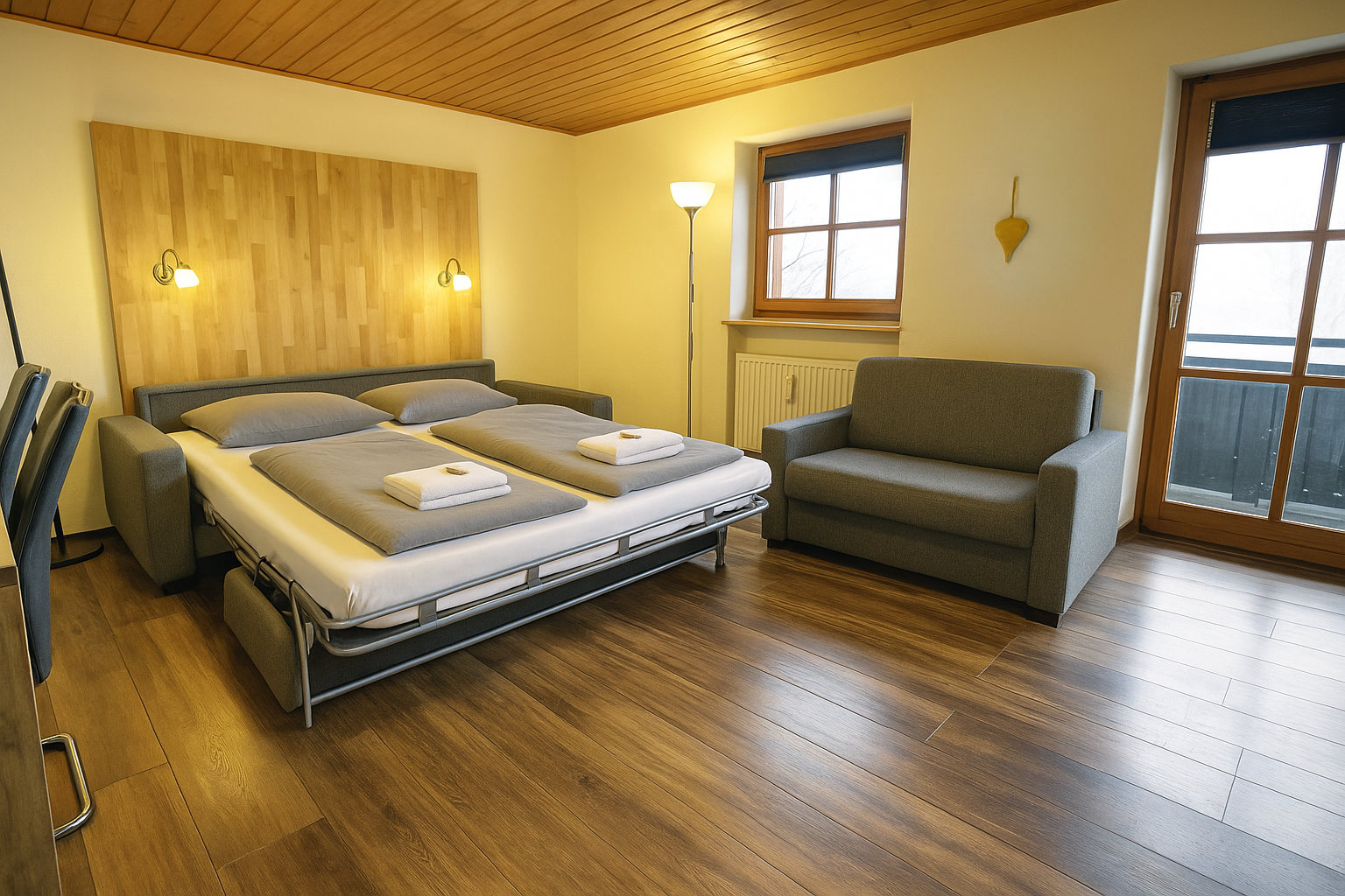 Im Wohnzimmer steht Ihnen ein komfortables Schlafsofa zur Verfügung, das Platz für zwei weitere Personen bietet.