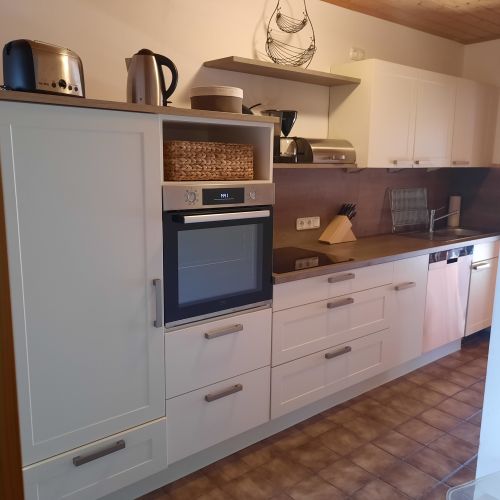 Moderne Küchenzeile mit Kühl- / Gefrierkombination, Backofen, Induktionsfeld und Geschirrspüler