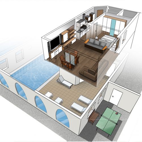 Das Hallenbad und Sauna befinden sich direkt unterhalb der Wohnung. Am Eingang zum Hallenbad finden Sie eine Tischtennisplatte.